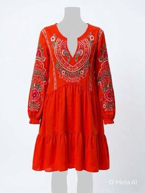 Vintage Collection- Embroidered Vibrant Orange Boho Tiered Tunic Dress-A18